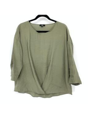 C&A 3/4 Sleeve Blouse Womens Size 38 US Medium Green Draped Pinched Front